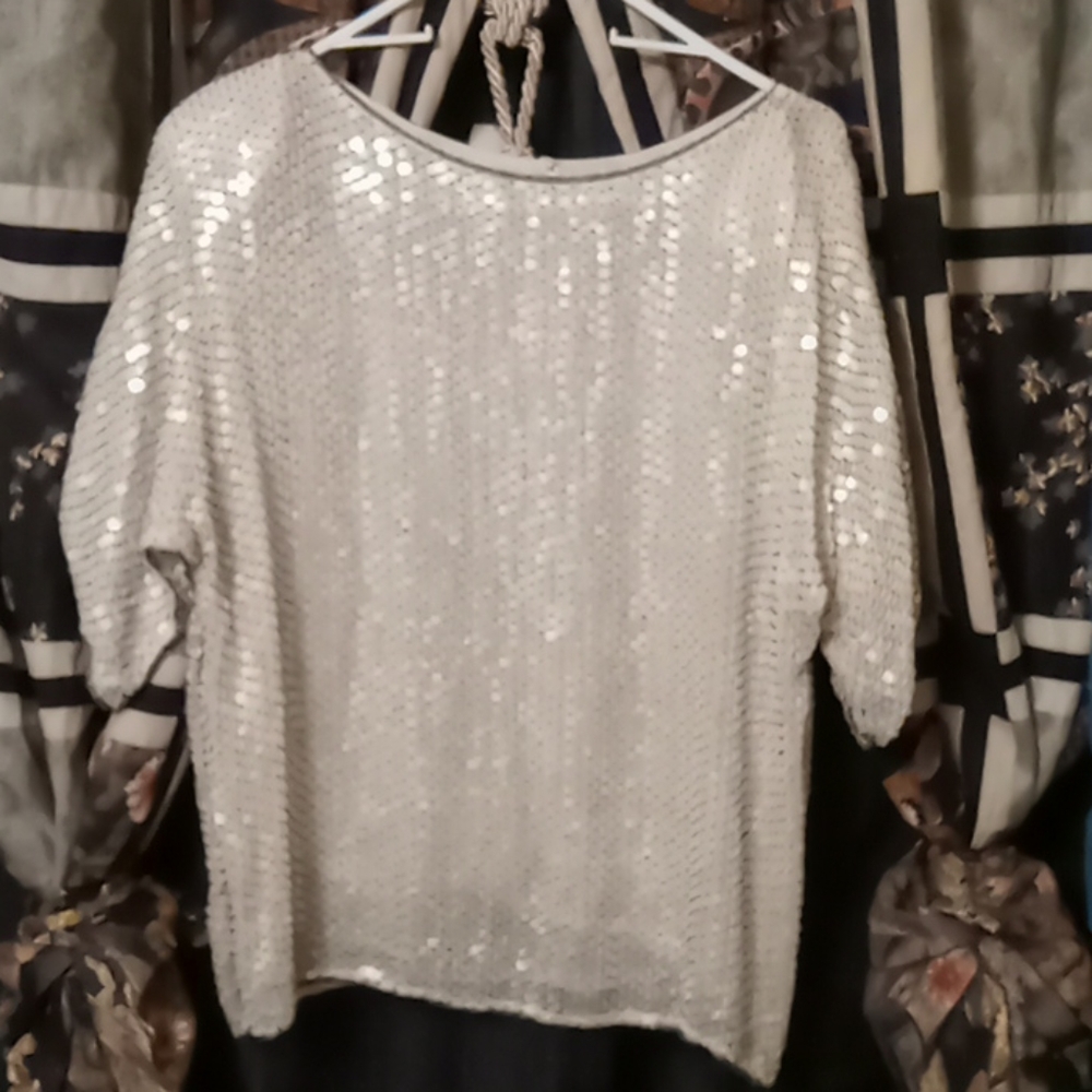 Sequin Top, White, Blue, size M